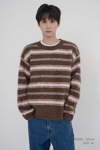 UNISEX STRIPED HAIRY SWEATER BROWN PINK