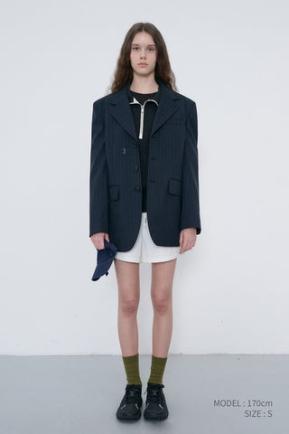 UNISEX REFINED MASCULINE WOOL BLAZER NAVY STRIPE