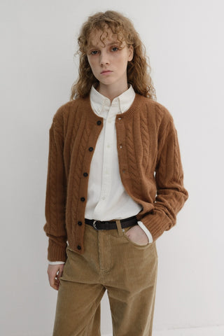 UNISEX HAIRY CABLE CREW NECK CARDIGAN CAMEL