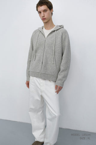 UNISEX HOODED KNIT CARDIGAN LIGHT MELANGE GREY