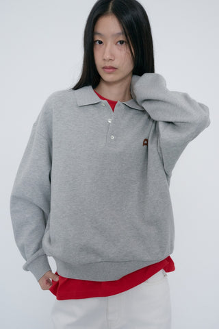 UNISEX LEATHER LOGO COLLARED T-SHIRT MELANGE GREY