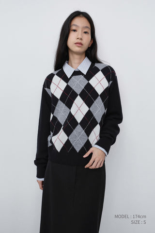 UNISEX ARGYLE CREWNECK SWEATER BLACK