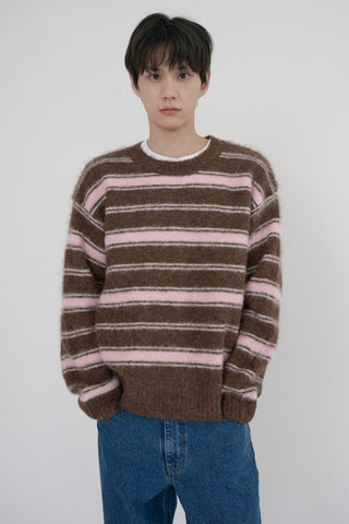 UNISEX STRIPED HAIRY SWEATER BROWN PINK