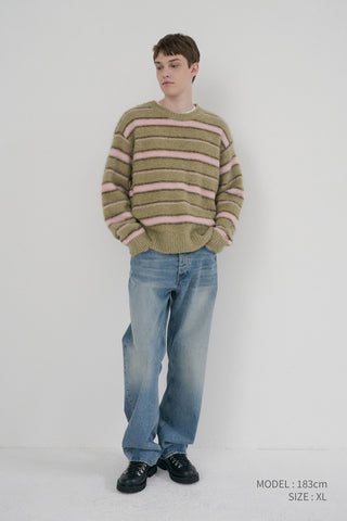 UNISEX STRIPED HAIRY SWEATER OLIVE PINK