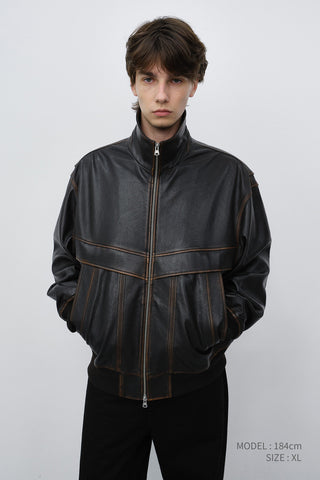 UNISEX STAND COLLARED LEATHER BLOUSON BRUSHED BROWN