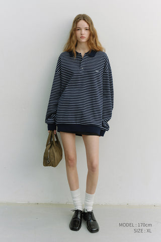 UNISEX STRIPED LOGO COLLARED T-SHIRT NAVY