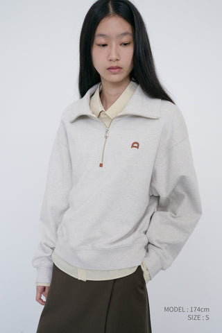 UNISEX LEATHER LOGO HALF ZIP-UP SWEATSHIRT OATMEAL MELANGE