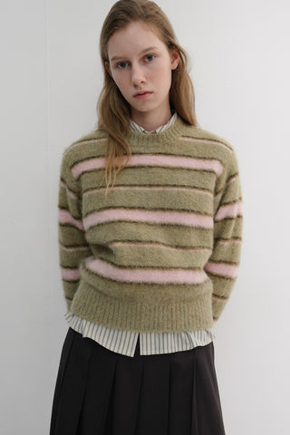 UNISEX STRIPED HAIRY SWEATER OLIVE PINK