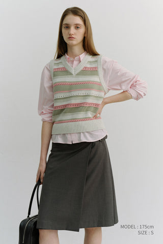UNISEX CRAFTED STRIPED KNIT VEST IVORY MINT