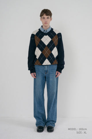 [SULLYOON PICK] UNISEX HAIRY ALPACA ARGYLE SWEATER NAVY