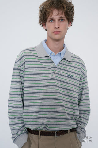 UNISEX MULTI STRIPE COLLARED T-SHIRT MELANGE GREY STRIPE