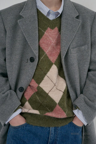 UNISEX HAIRY ALPACA ARGYLE SWEATER OLIVE KHAKI