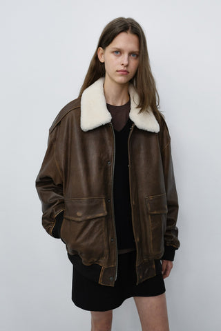 UNISEX DETACHABLE A-2 LEATHER BLOUSON BROWN