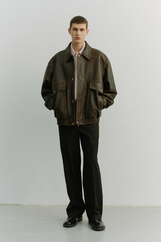 UNISEX OVERSIZED VINTAGE LEATHER BLOUSON BRUSHED BROWN
