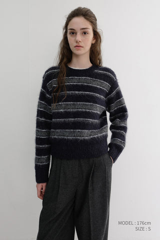 UNISEX STRIPED HAIRY SWEATER NAVY GREY