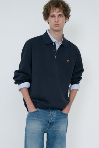 UNISEX LEATHER LOGO COLLARED T-SHIRT FRENCH NAVY