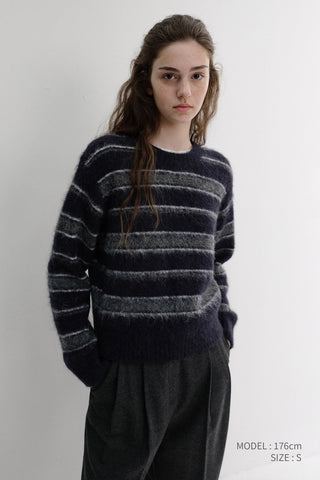 UNISEX STRIPED HAIRY SWEATER NAVY GREY
