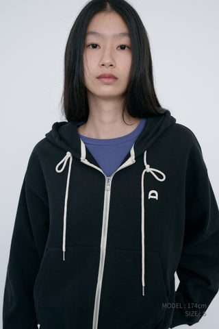 UNISEX LEATHER LOGO ZIP-UP HOODIE BLACK