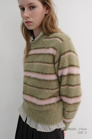 UNISEX STRIPED HAIRY SWEATER OLIVE PINK
