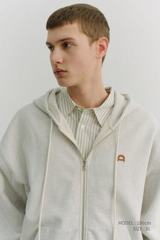 UNISEX LEATHER LOGO ZIP-UP HOODIE OATMEAL MELANGE
