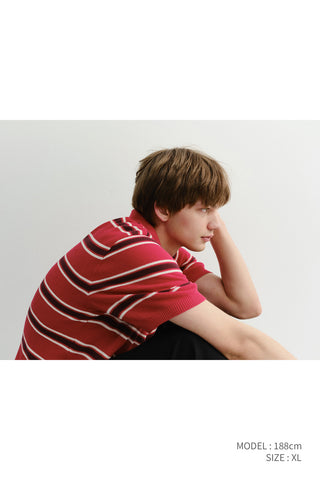 UNISEX MULTI STRIPED POLO KNIT RED BURGUNDY