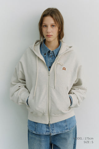 UNISEX LEATHER LOGO ZIP-UP HOODIE OATMEAL MELANGE