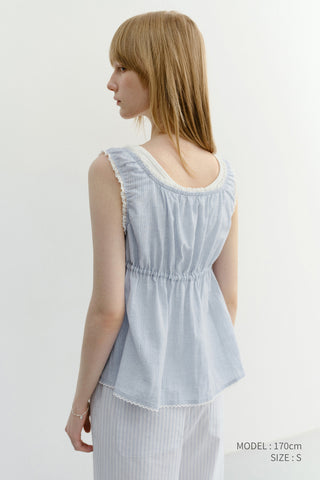 SHIRRING SLEEVELESS BLOUSE SOFT BLUE STRIPE