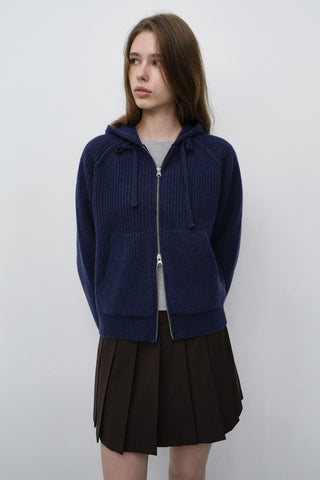 UNISEX HOODED KNIT CARDIGAN DARK BLUE