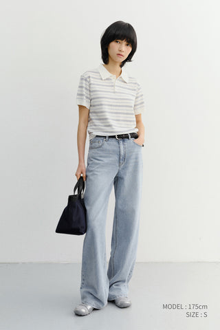 UNISEX STRIPED POLO KNIT WHITE SOFT BLUE
