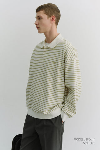 UNISEX STRIPED LOGO COLLARED T-SHIRT OLIVE STRIPE