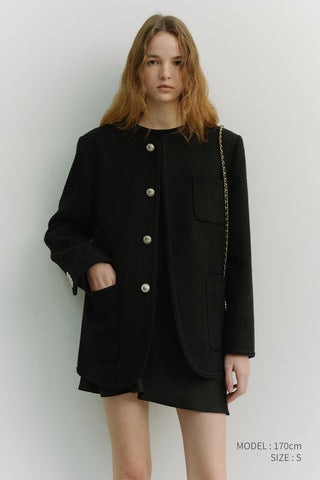 UNISEX COLLARLESS TWEED JACKET BLACK