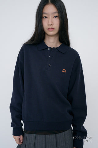 UNISEX LEATHER LOGO COLLARED T-SHIRT FRENCH NAVY