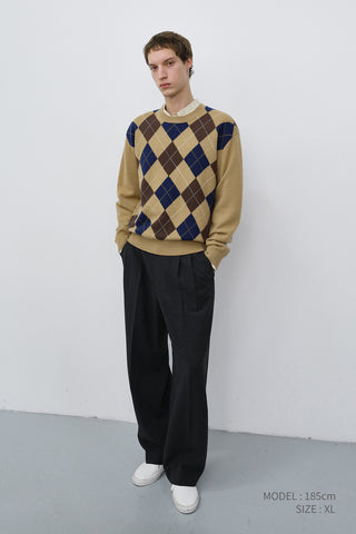 UNISEX ARGYLE CREWNECK SWEATER CAMEL BEIGE
