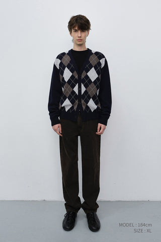 UNISEX V-NECK ARGYLE CARDIGAN NAVY