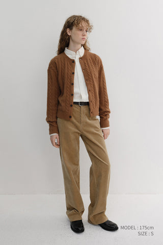 UNISEX HAIRY CABLE CREW NECK CARDIGAN CAMEL