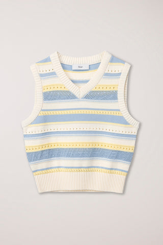 UNISEX CRAFTED STRIPED KNIT VEST CREAM SOFT BLUE
