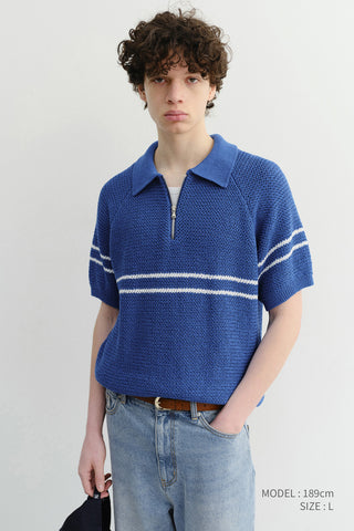 HALF ZIP-UP STRIPED POLO KNIT BLUE