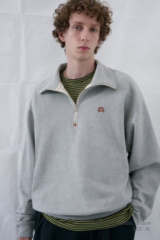 UNISEX LEATHER LOGO HALF ZIP-UP SWEATSHIRT MELANGE GREY