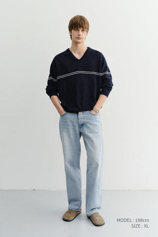 UNISEX V-NECK STRIPED SWEATER NAVY