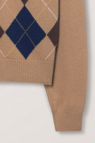 UNISEX ARGYLE CREWNECK SWEATER CAMEL BEIGE