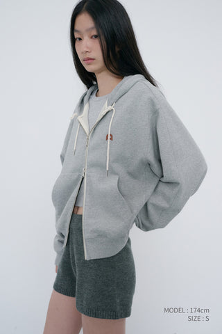 UNISEX LEATHER LOGO ZIP-UP HOODIE MELANGE GREY