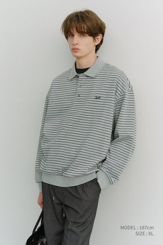 UNISEX STRIPED LOGO COLLARED T-SHIRT GREY