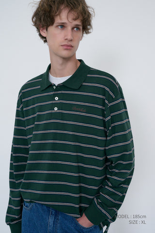 UNISEX MULTI STRIPE COLLARED T-SHIRT FOREST GREEN STRIPE