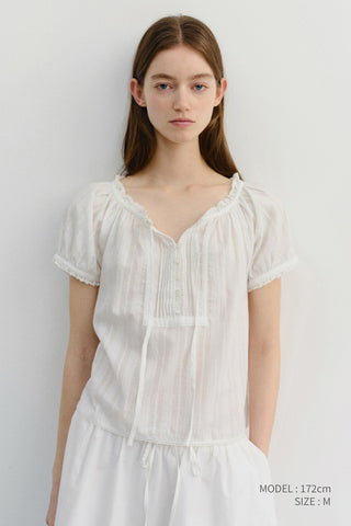 RIBBONED SHIRRING BLOUSE OFF WHITE