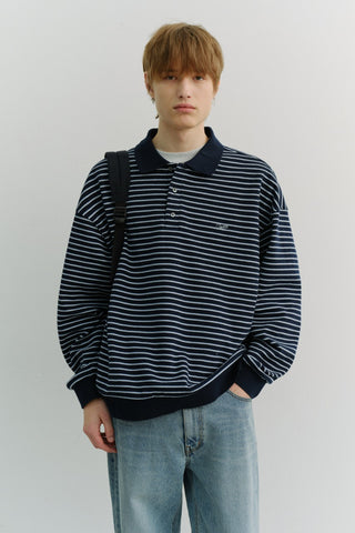 UNISEX STRIPED LOGO COLLARED T-SHIRT NAVY