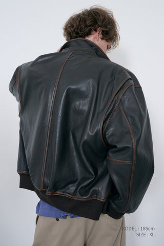UNISEX STAND COLLARED LEATHER BLOUSON BRUSHED BROWN