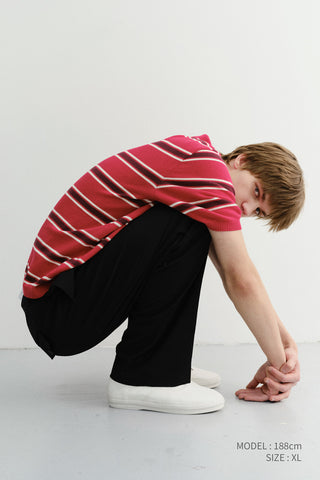 UNISEX MULTI STRIPED POLO KNIT RED BURGUNDY
