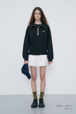 UNISEX LEATHER LOGO HALF ZIP-UP SWEATSHIRT BLACK