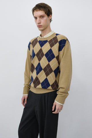 UNISEX ARGYLE CREWNECK SWEATER CAMEL BEIGE