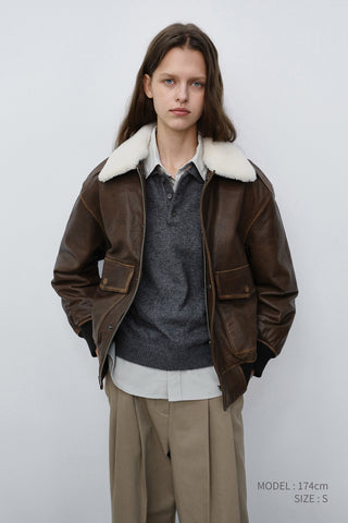 UNISEX DETACHABLE A-2 LEATHER BLOUSON BROWN